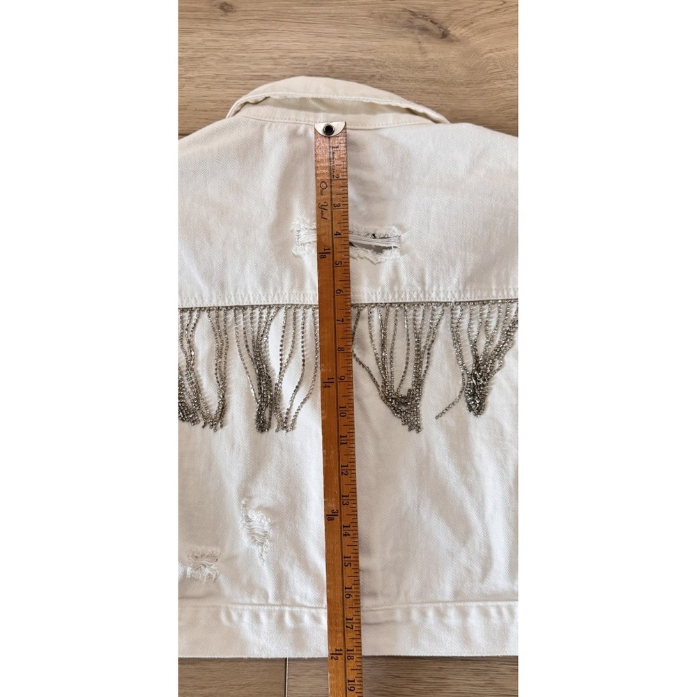 Blue B Collection Rhinestone Fringe Off White Denim Distressed Jacket Size‎ M/L - Picture 11 of 12